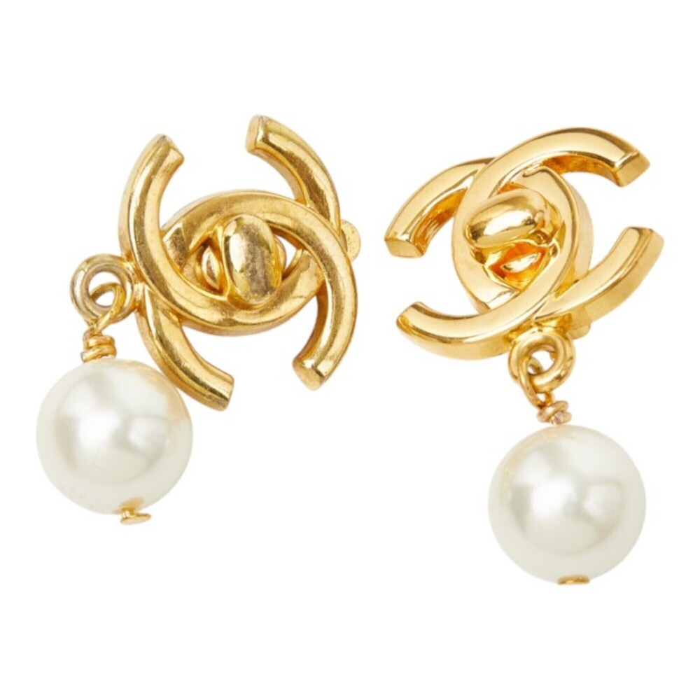 CHANEL Vintage White Pearl Logo Earrings